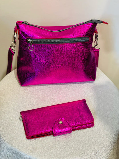 Fuchsia Pink Metallic Leather Wallet Purse or wristlet