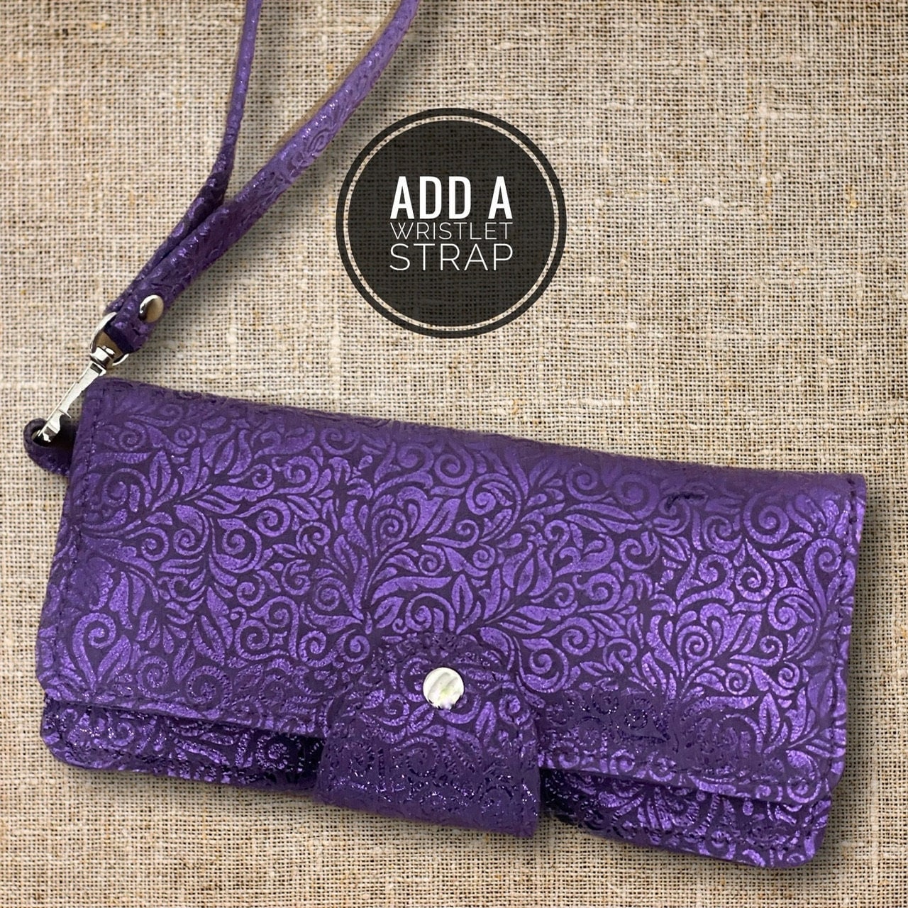 Metallic Purple Leather Wallet Purse with zipper pocket
