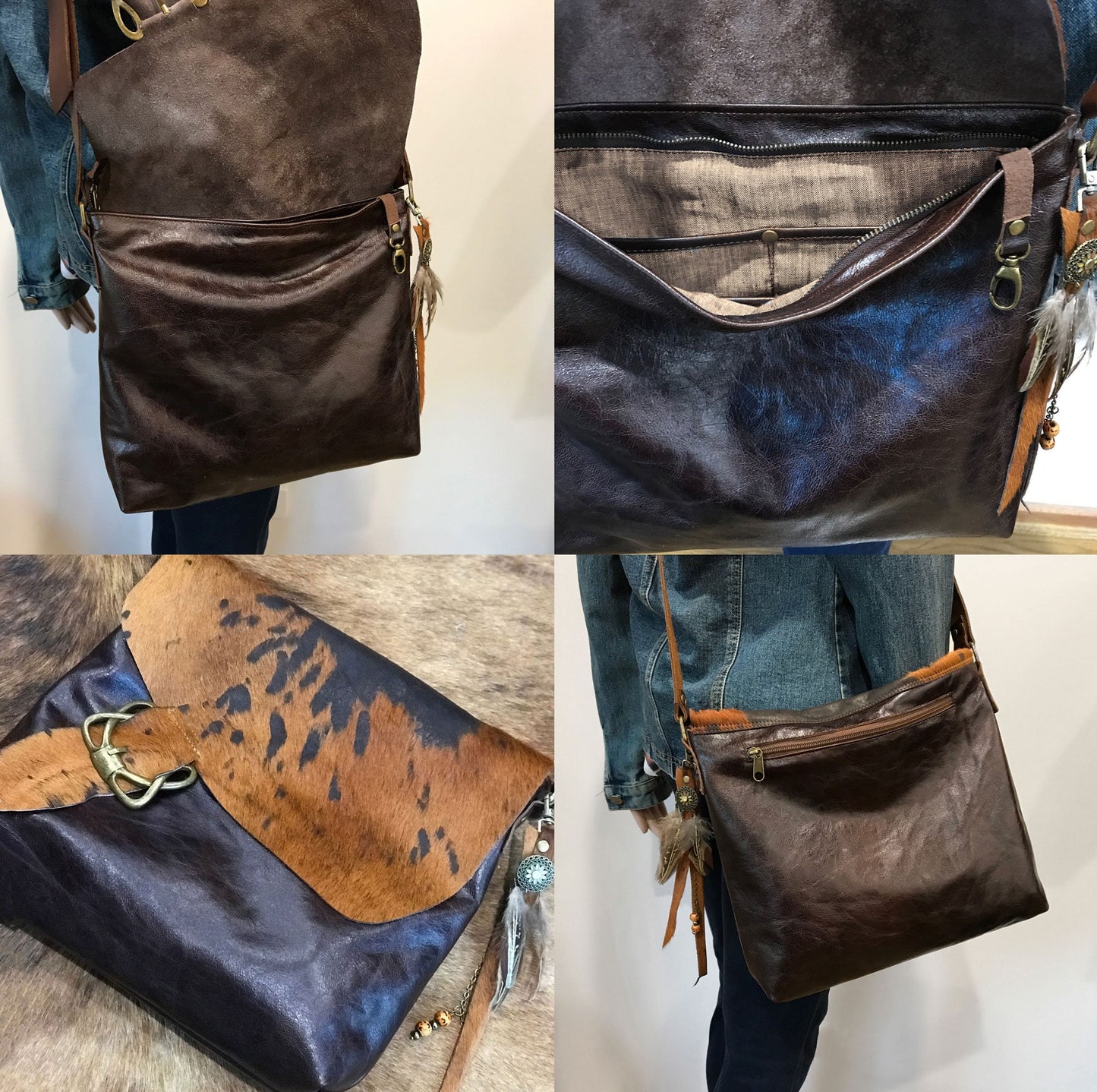 Cowhide Celtic Leather Crossbody, wide strap, vintage brown leather, OOAK IN STOCK