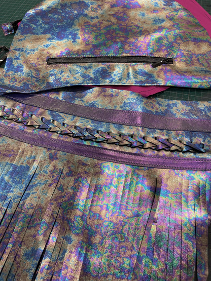 Oil slick Metallic Leather Fringe hobo bag