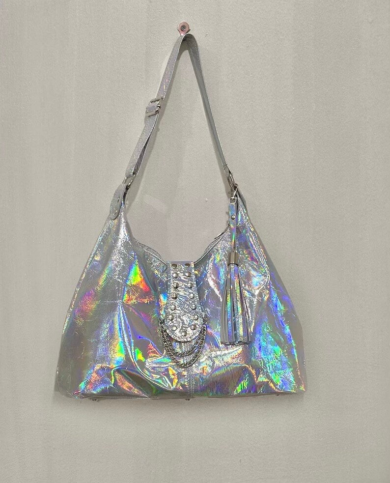 Holographic Leather Hobo, iridescent silver Italian premium leather