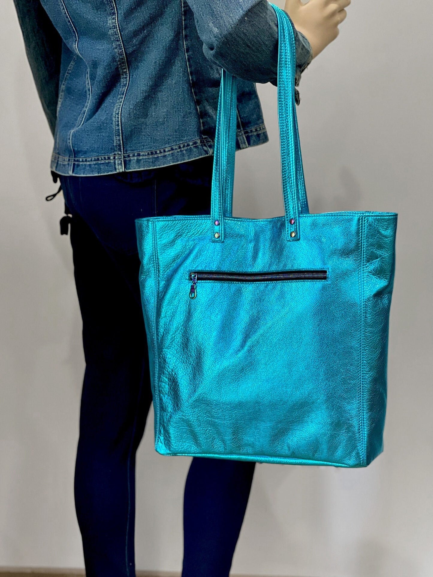 Metallic Turquoise Leather Tote, free leather zipper purse