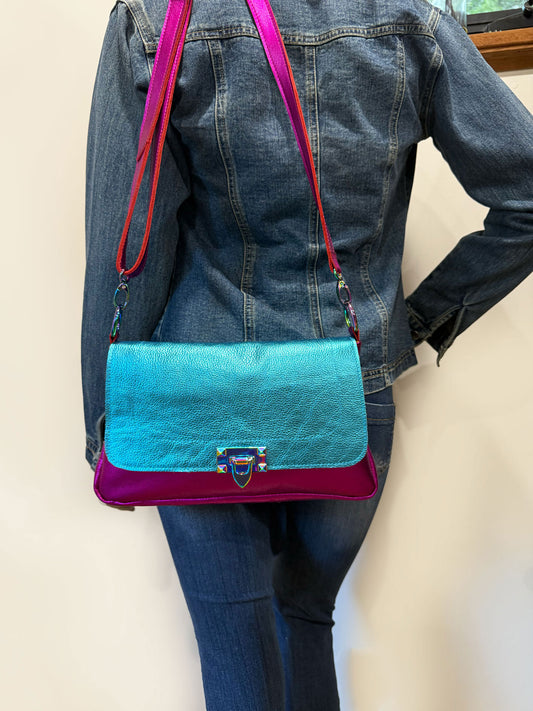 metallic messenger bag with clasp