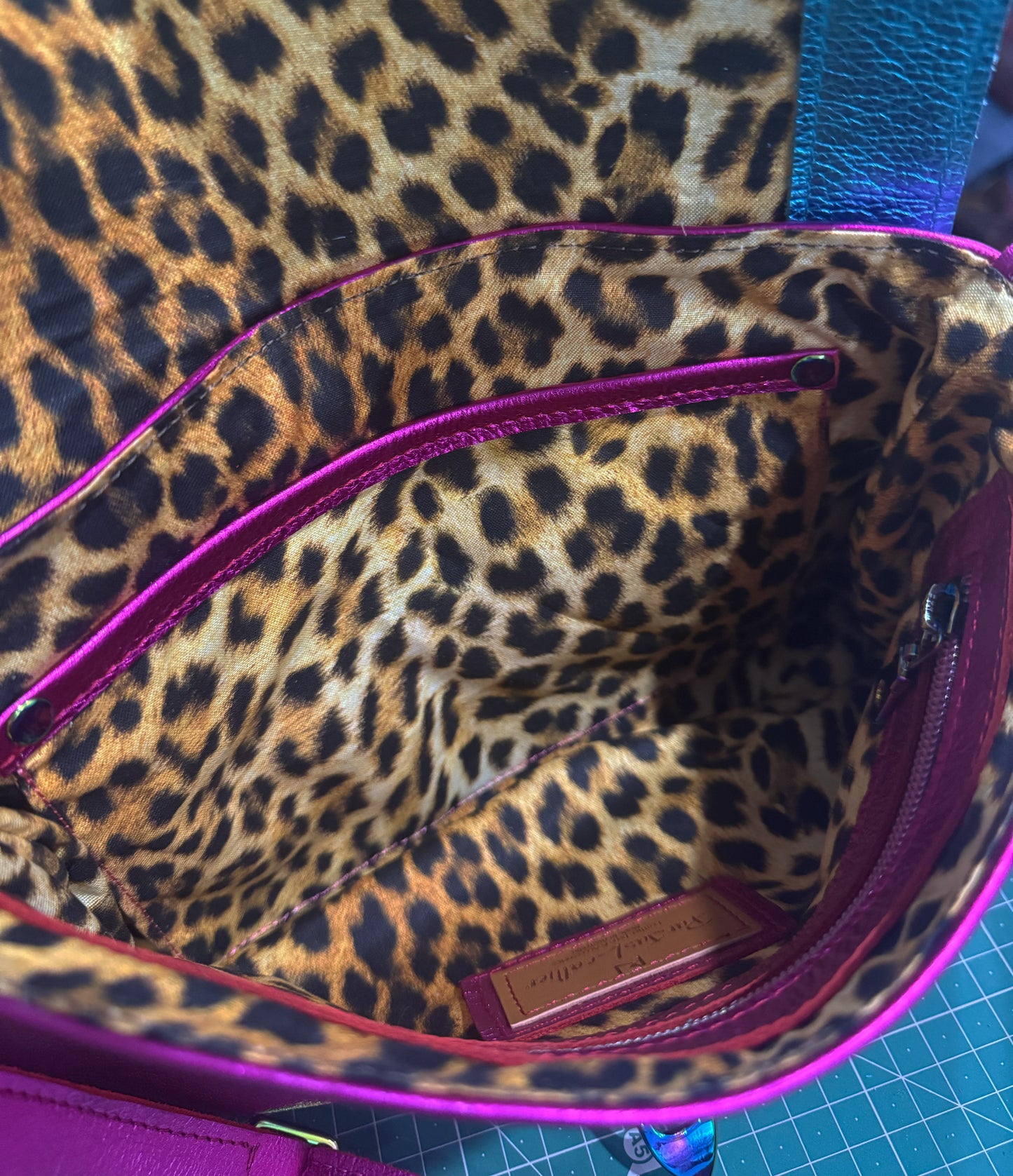 Fuchsia Pink and Turquoise Metallic Leather crossbody with turn clasp close