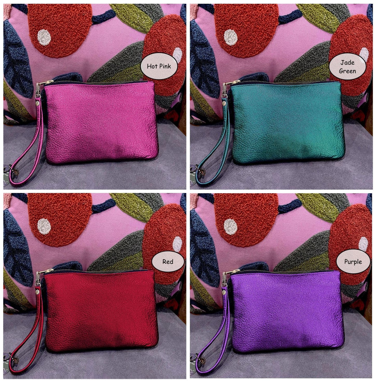 Metallic leather Wristlet, softest leather zipper purse