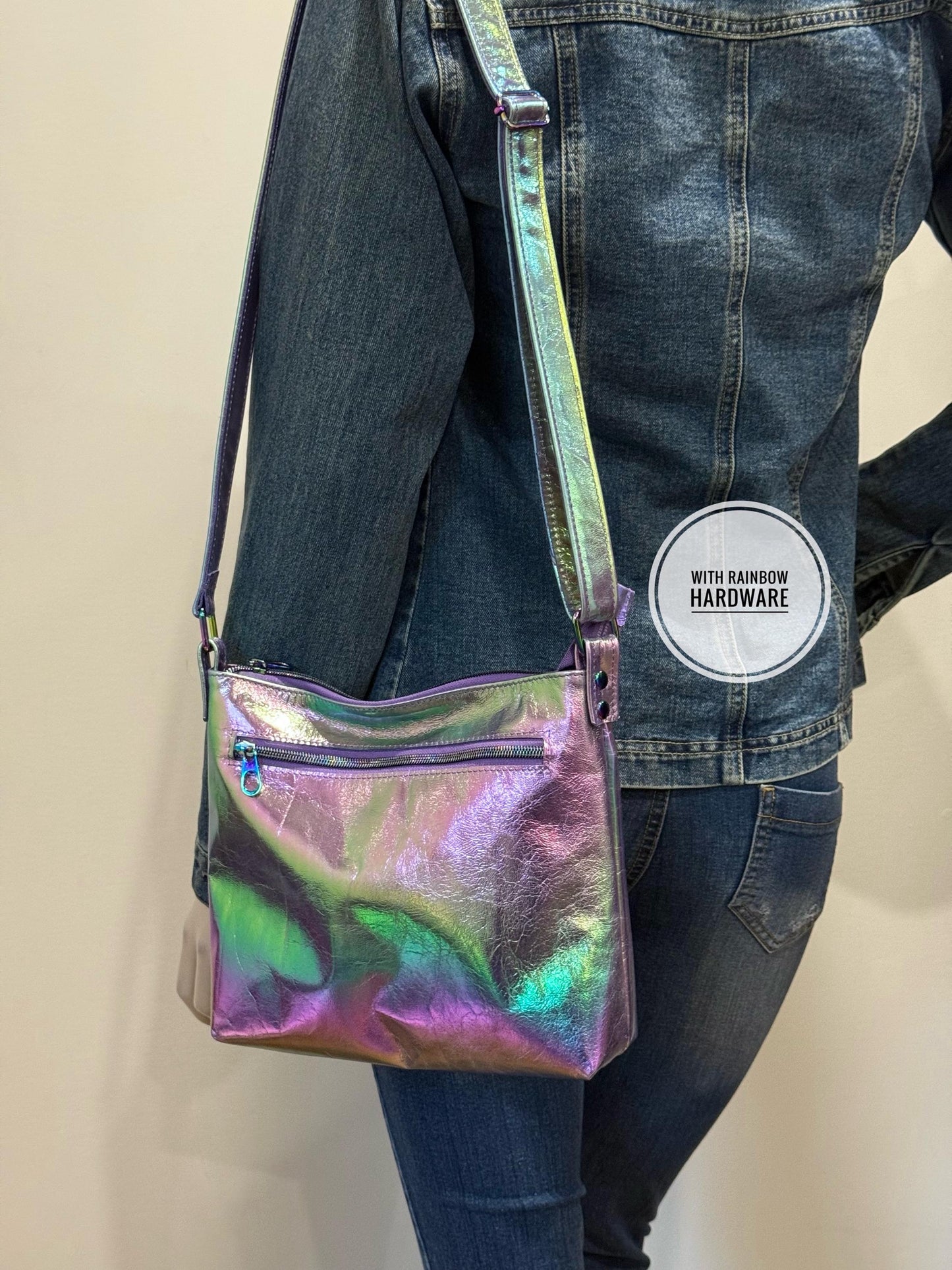 Metallic Rainbow Aurora Australis purple leather crossbody bag