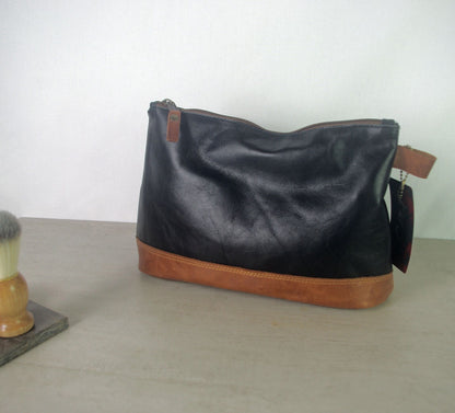 Vintage Black Leather toiletry bag, cognac contrast, Leather Dopp Kit