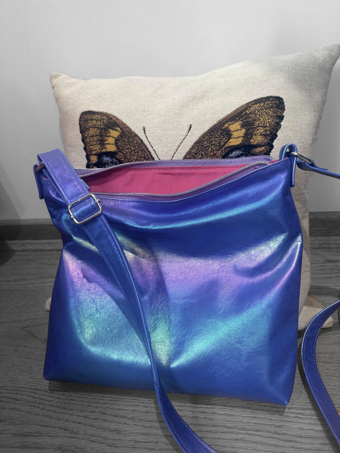 Metallic Rainbow on blue Aurora leather crossbody bag, smooth soft highlights leather bag
