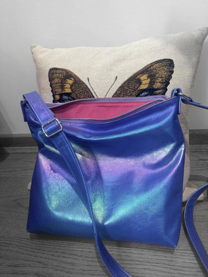 Metallic Rainbow on blue Aurora leather crossbody bag, smooth soft highlights leather bag