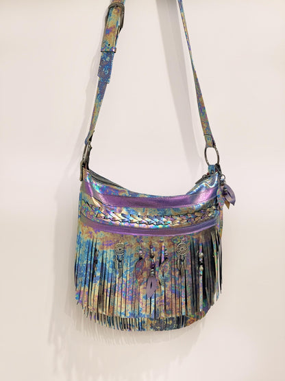 Oil slick Metallic Leather Fringe hobo bag