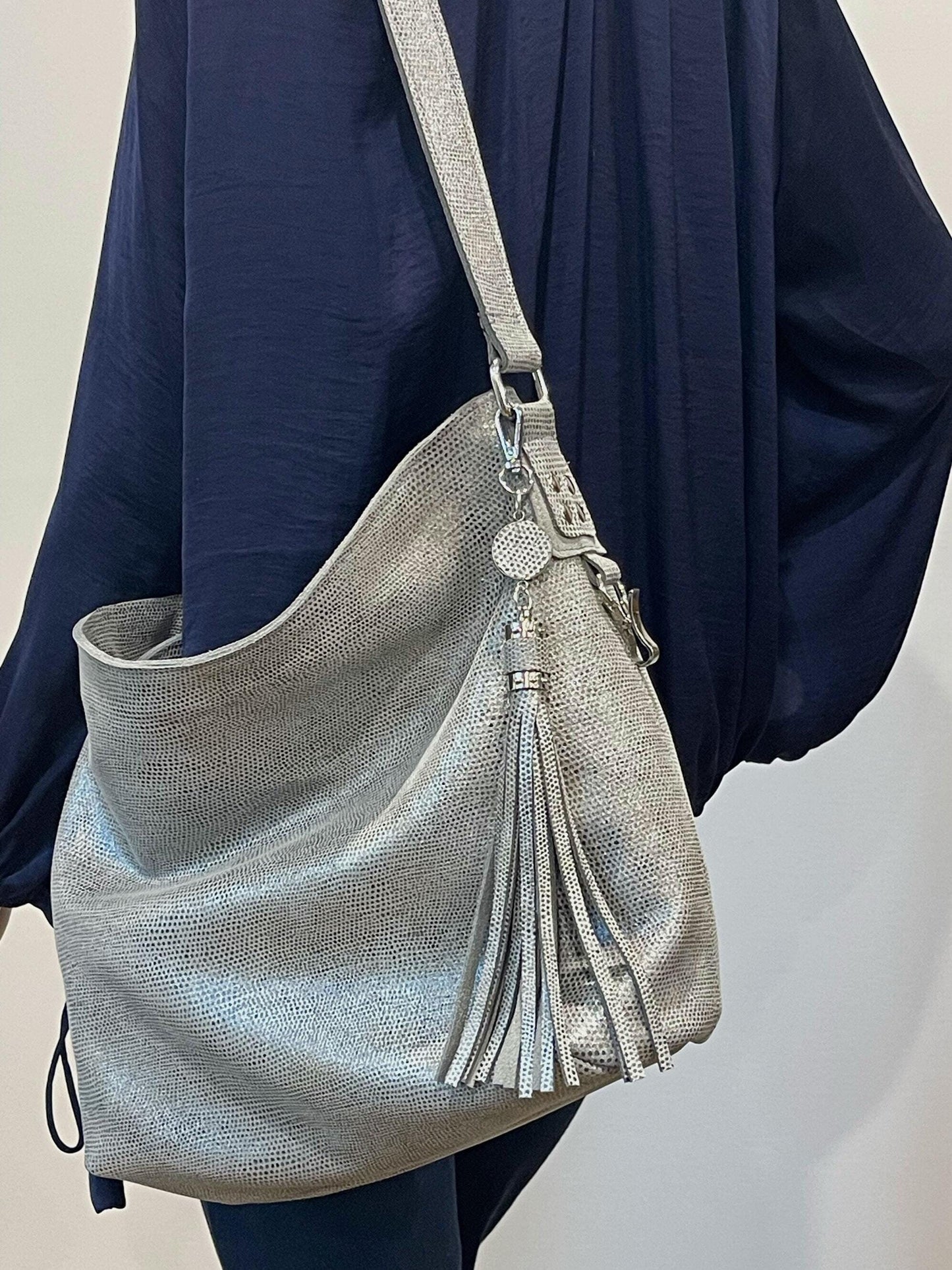 Silver Shimmer on Grey Print Hobo Bag, adjustable shoulder bag