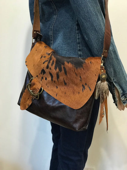 Cowhide Celtic Leather Crossbody, wide strap, OOAK cowhide