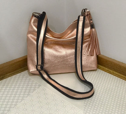 Rose Gold metallic crossbody bag, peach metallic leather