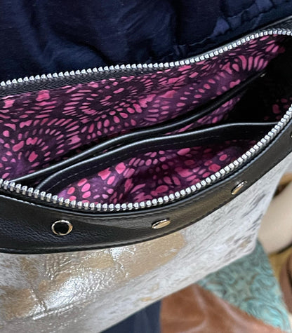 Acid wash Iridescent holographic cowhide and black leather bag