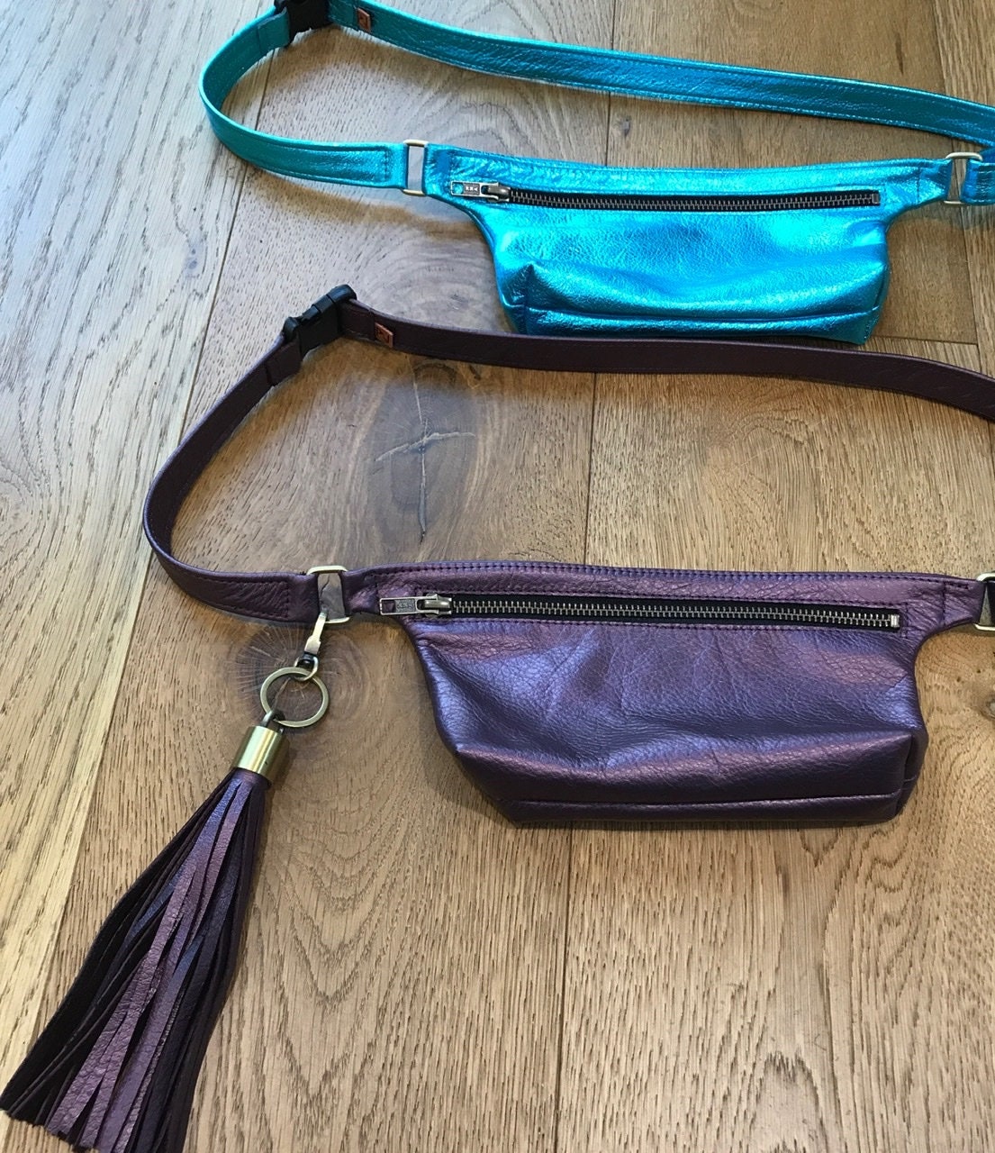 Metallic turquoise Leather waist bag, Soft pebble leather