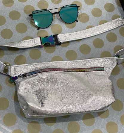 Metallic Silver Leather bum bag, Leather fanny pack