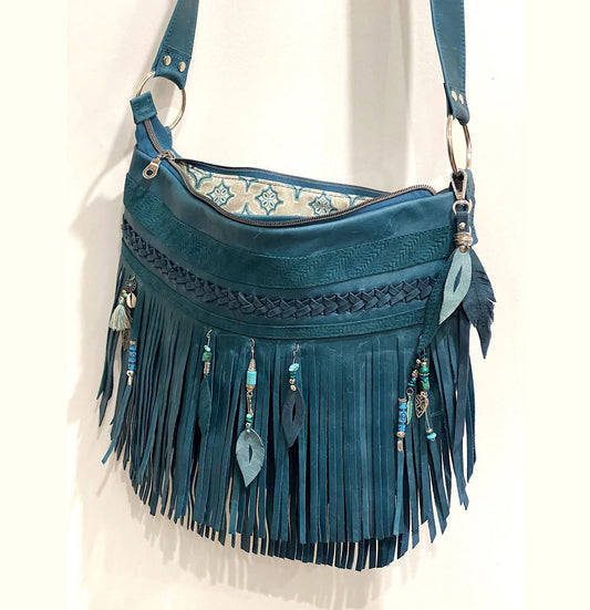 Teal Double Fringe Leather Bag, braided leather