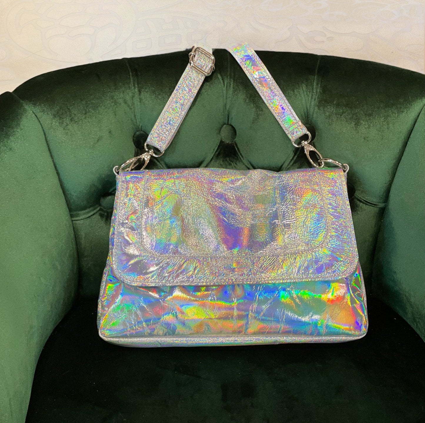 Holographic Silver flap over Messenger bag, premium Italian holo leather, Iridescent