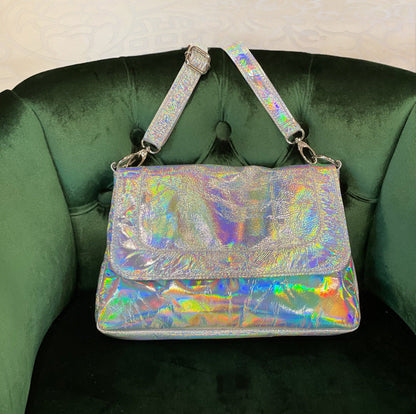 Holographic Silver flap over Messenger bag, premium Italian holo leather, Iridescent