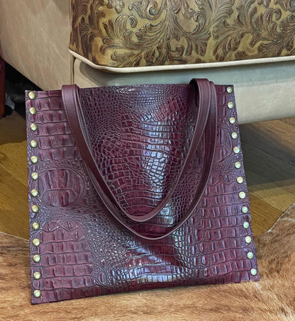 Tooled Embossed studded Burgundy Croco Leather Tote