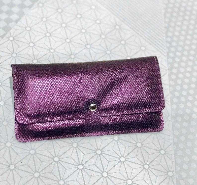 Metallic Purple Leather Wallet Purse with zipper, Italian leather