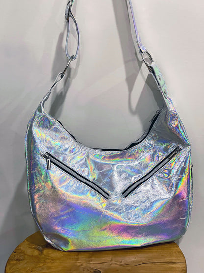 Holographic Leather Hobo with hidden pocket, fringe option Italian holographic leather