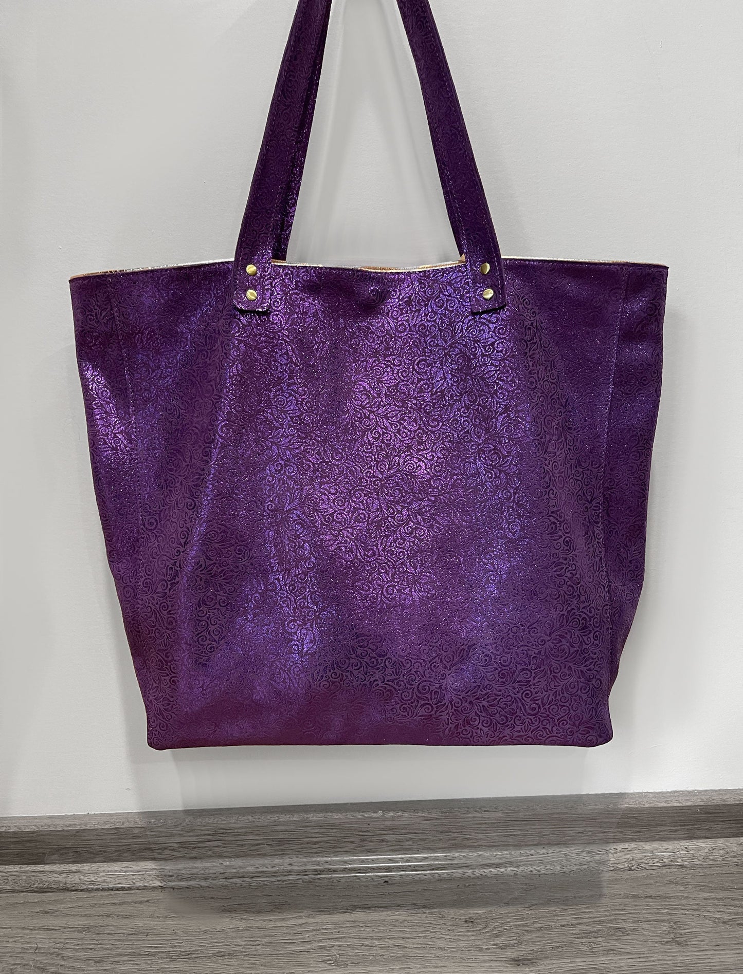 Metallic purple Tote, soft Florentine Italian print metallic leather, free zipper purse