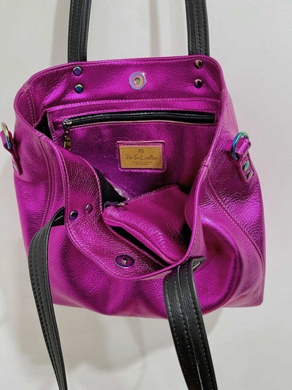 Fuchsia Pink Metallic Leather Tote, free leather purse