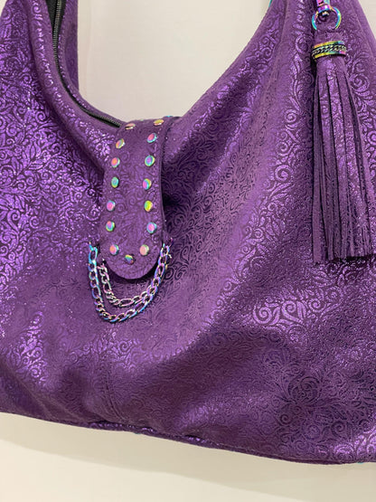 Metallic Purple Soft Italian Hobo, fine florentine design on surface, zip pockets
