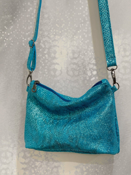 Small turquoise metallic Leather crossbody bag. 1 IN STOCK