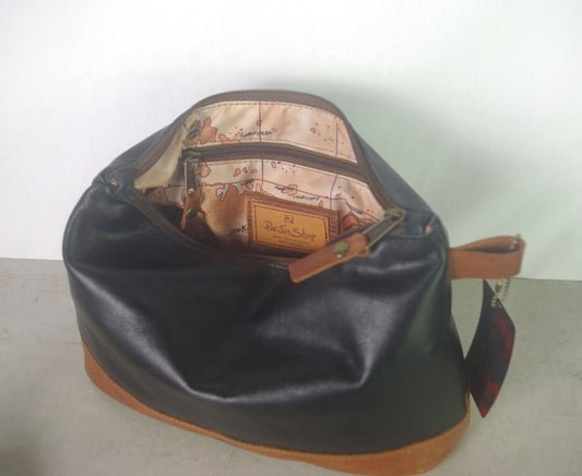 Vintage Black Leather toiletry bag, cognac contrast, Leather Dopp Kit