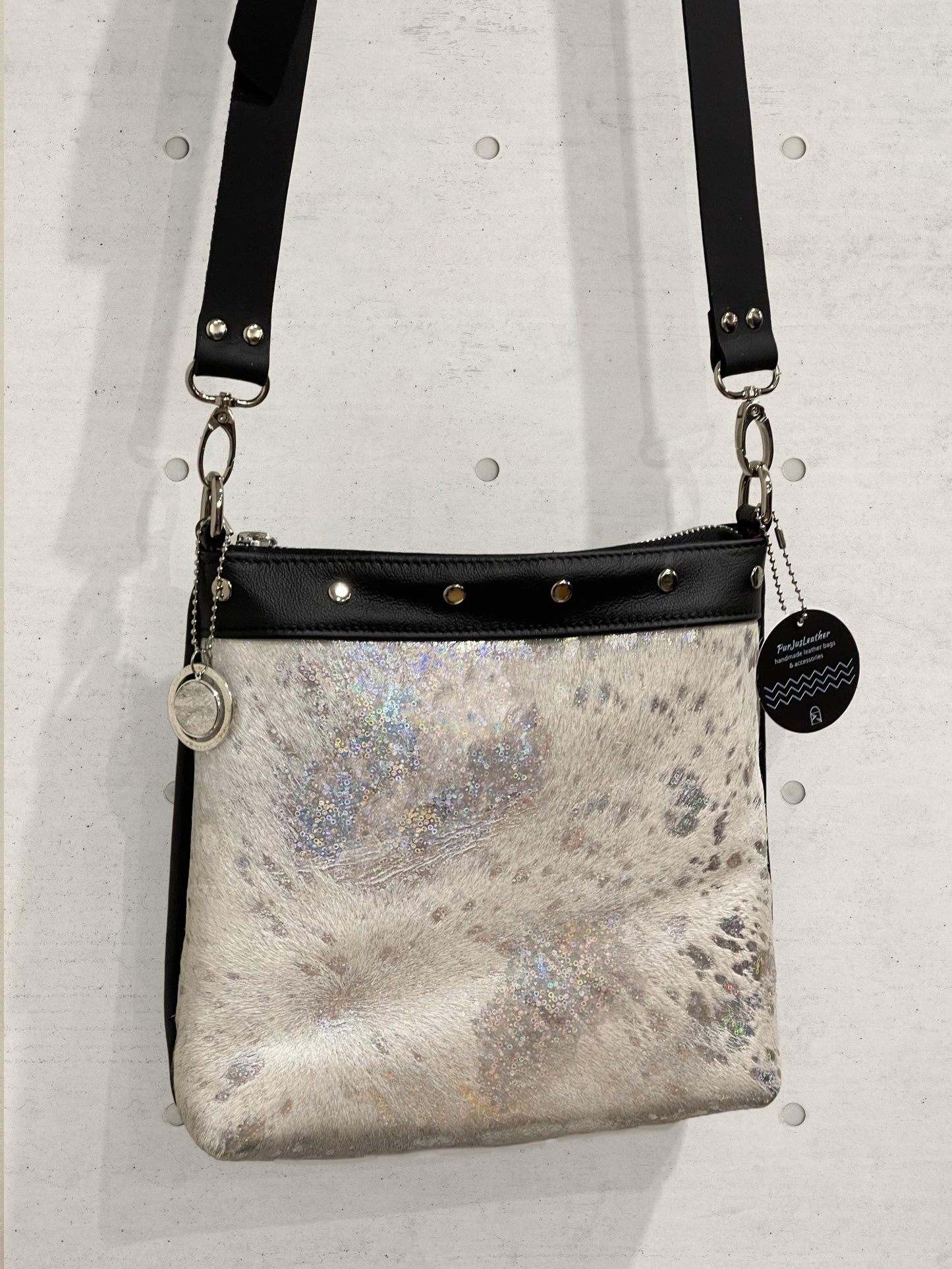 Acid wash Iridescent holographic cowhide and black leather bag