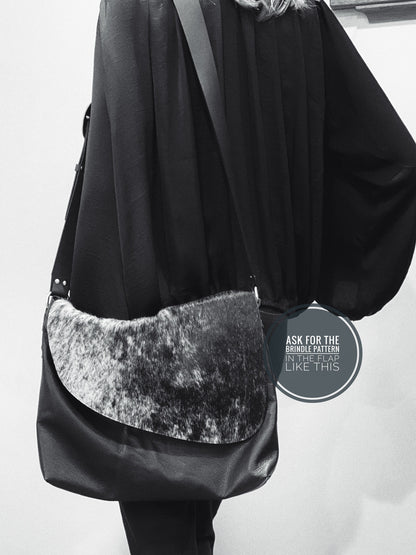 Black white Cowhide Leather Crossbody