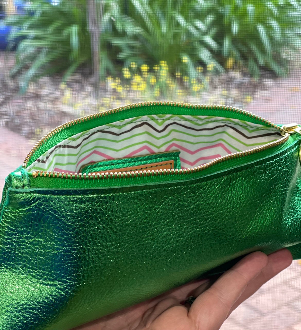 Metallic green Leather zipper purse