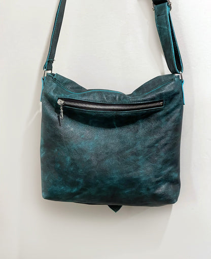 Vintage Teal Distressed leather bag, Celtic Crossbody