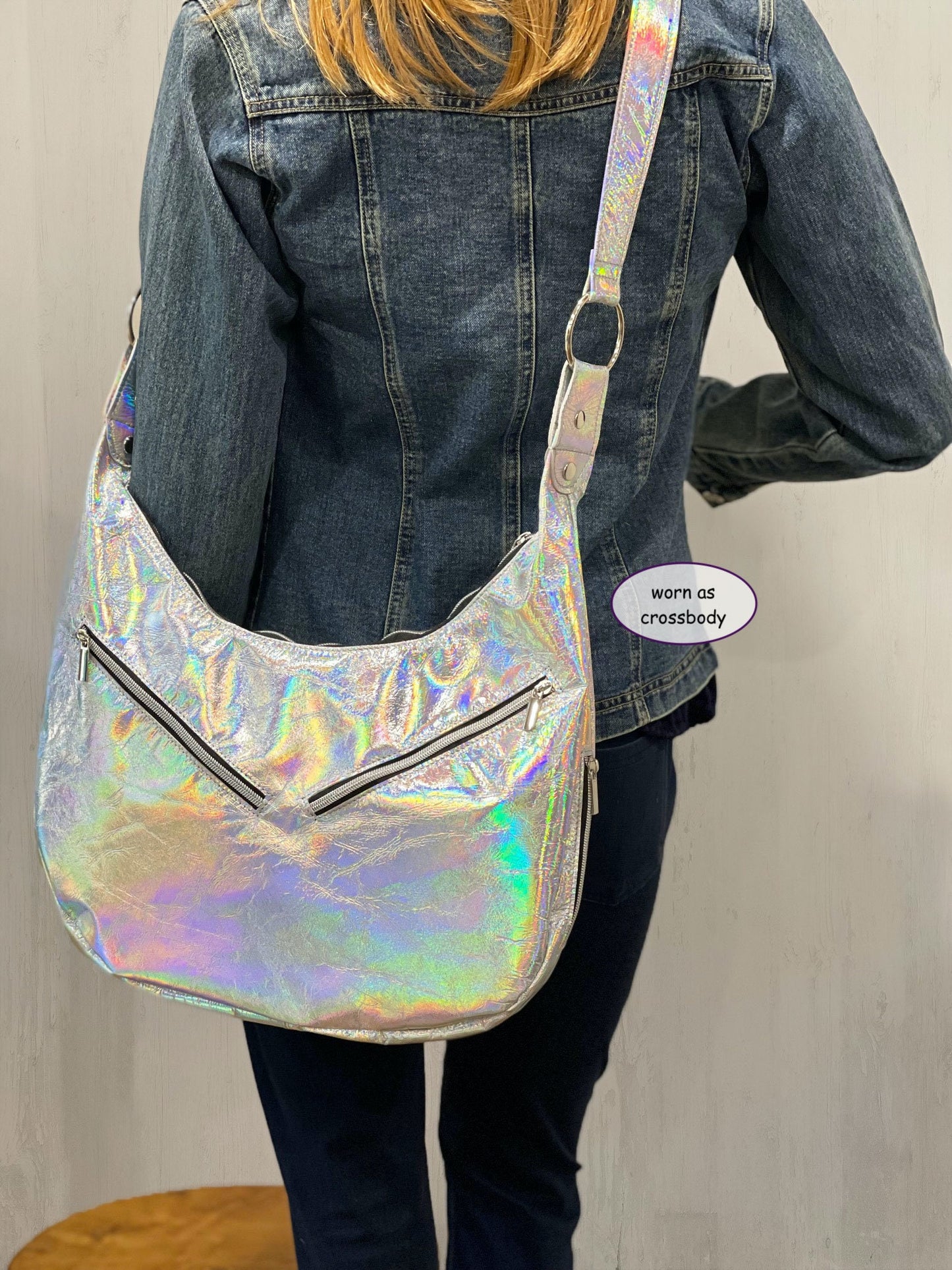 Holographic Leather Hobo with hidden pocket, fringe option Italian holographic leather