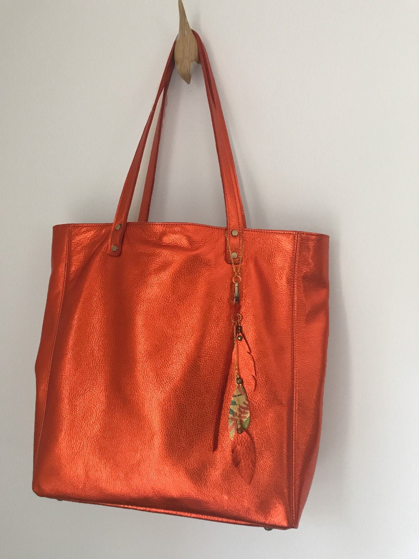 Large Mango Orange Metallic Leather Tote