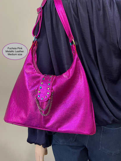 Metallic Hot Pink Italian Hobo, soft premium leather