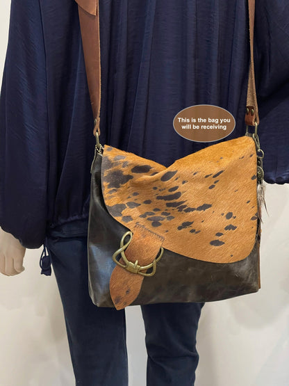 Cowhide Celtic Leather Crossbody, wide strap, vintage brown leather, OOAK IN STOCK