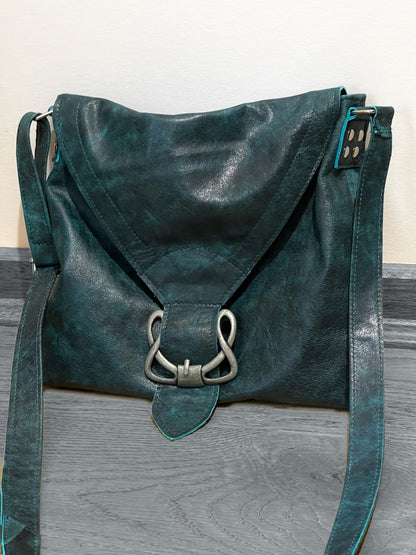 Vintage Teal Distressed leather bag, Celtic Crossbody