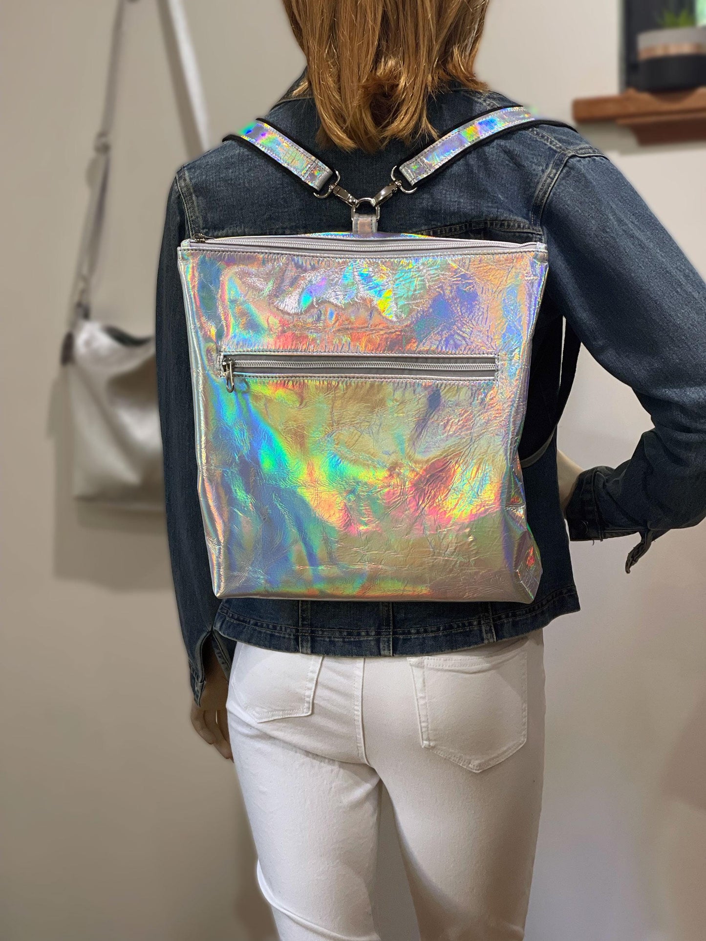 Holographic Silver leather backpack and tote