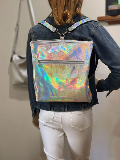 Holographic Silver leather backpack and tote