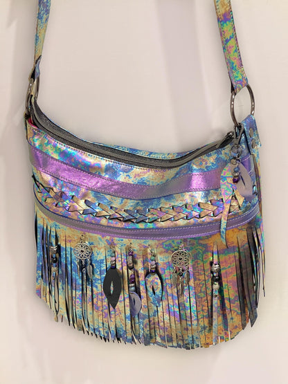 Oil slick Metallic Leather Fringe hobo bag