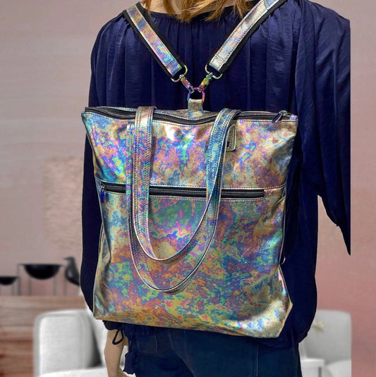 Metallic Oil Slick leather backpack and tote, FREE purse