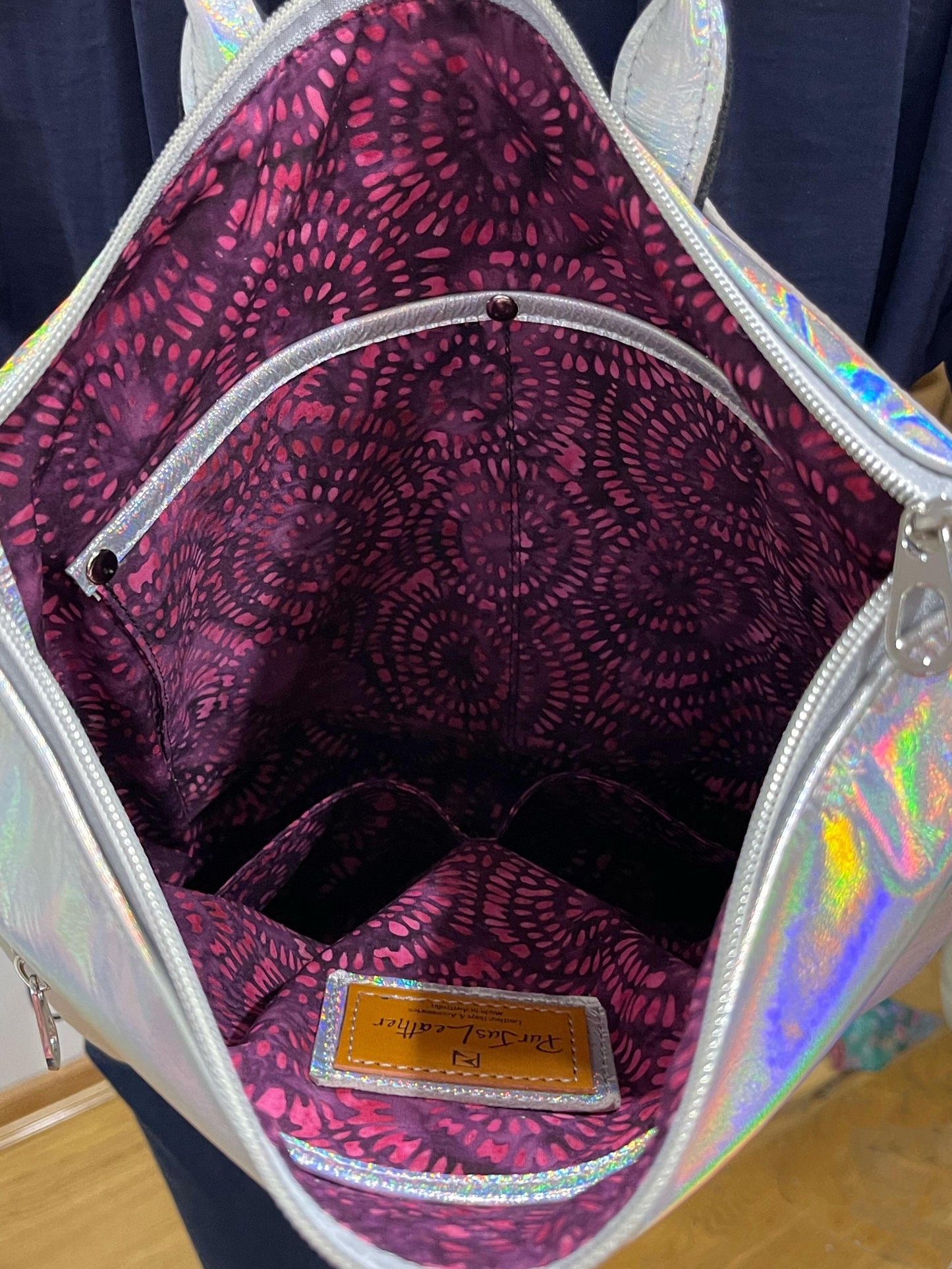 Holographic Silver leather backpack and tote