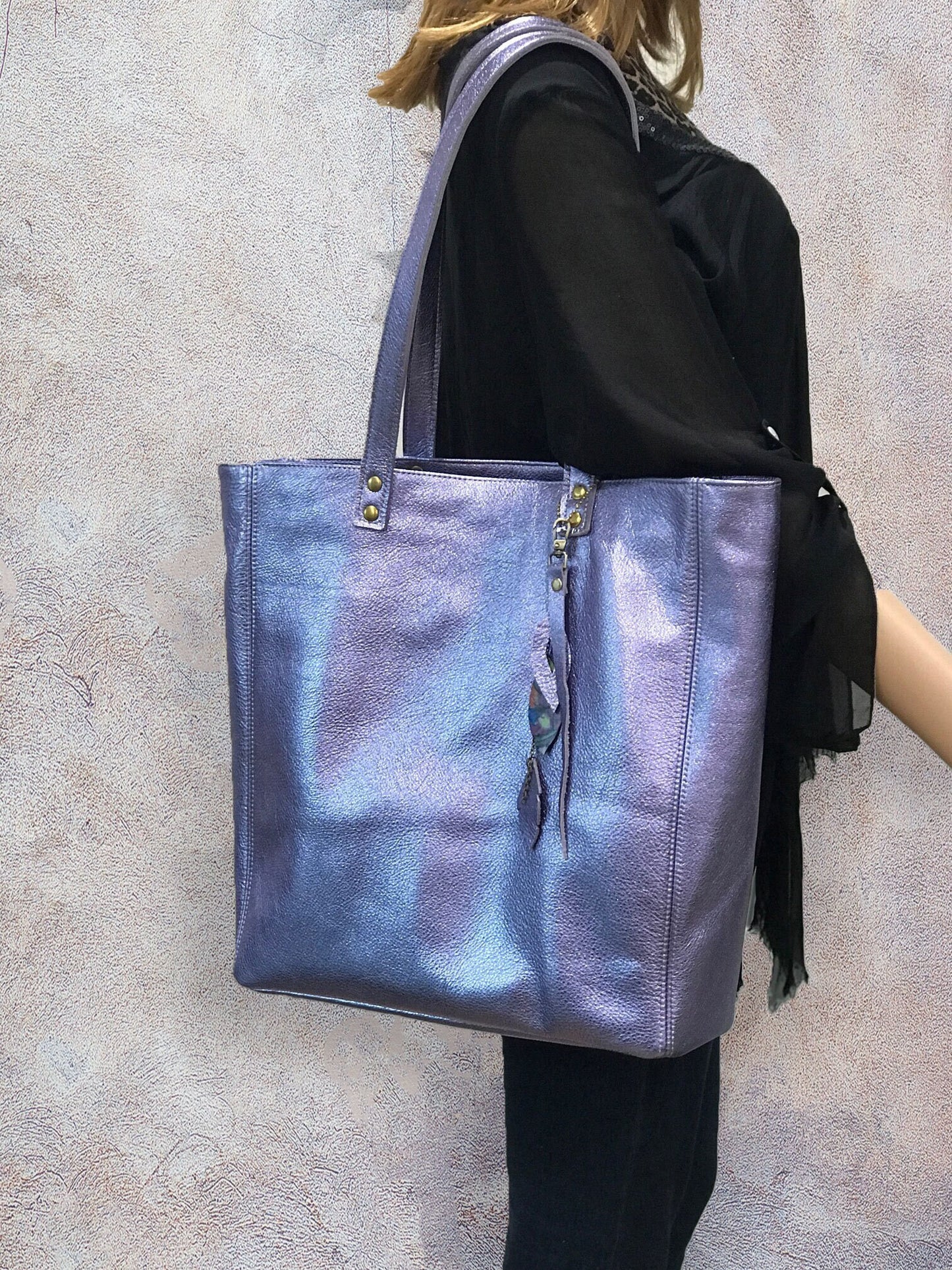 Large Lavender Lilac Metallic Leather Tote