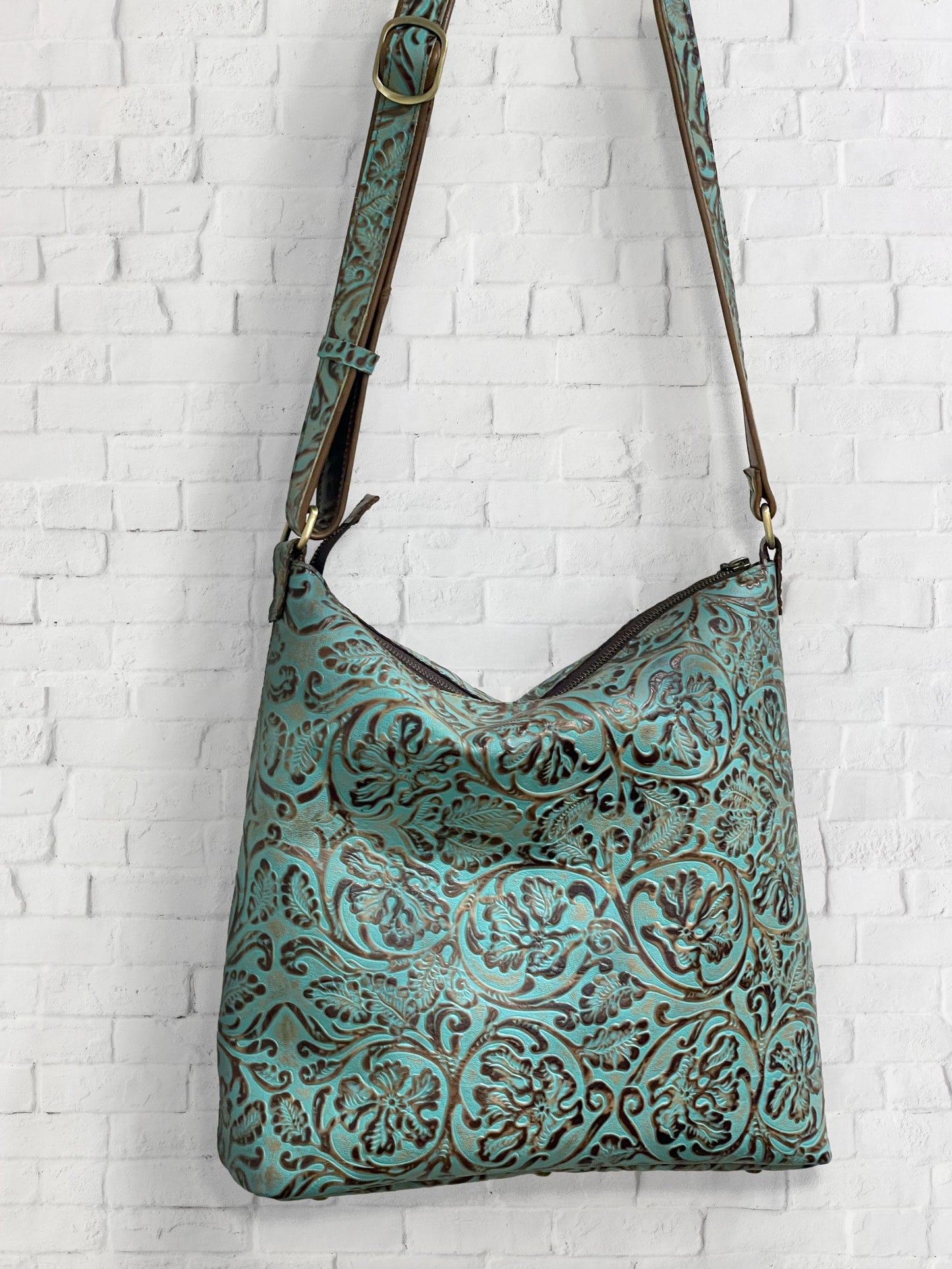 Tooled Turquoise Leather Crossbody Bag, Embossed