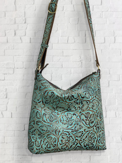 Tooled Turquoise Leather Crossbody Bag, Embossed
