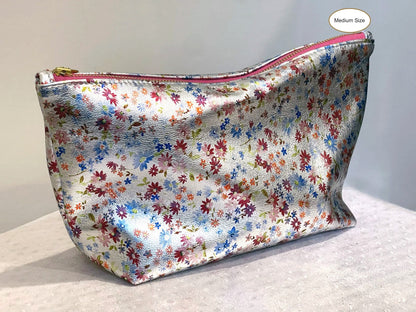 Small Metallic Silver Floral Leather makeup purse, Ditsy print