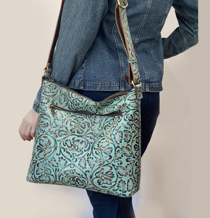 Tooled Turquoise Leather Crossbody Bag, Embossed